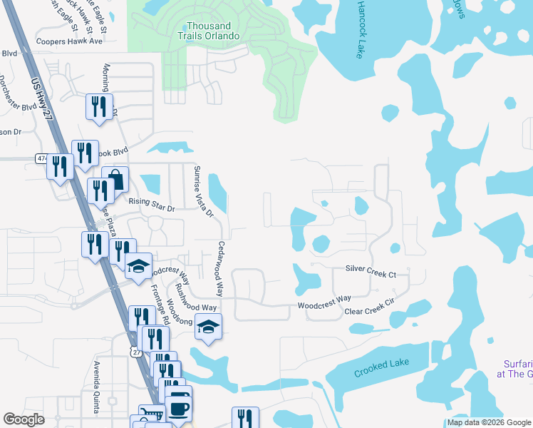 map of restaurants, bars, coffee shops, grocery stores, and more near 17143 Blessing Drive in Clermont