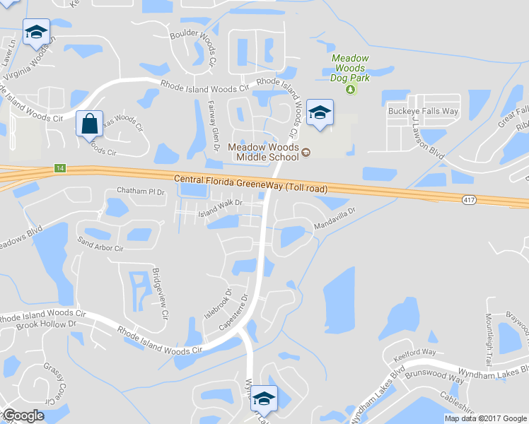 map of restaurants, bars, coffee shops, grocery stores, and more near Rhode Island Woods Circle in Orlando