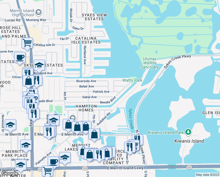map of restaurants, bars, coffee shops, grocery stores, and more near 510 Eleanor Street in Merritt Island