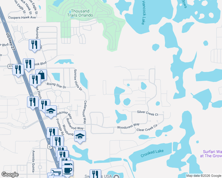 map of restaurants, bars, coffee shops, grocery stores, and more near Tranquil Avenue in Clermont