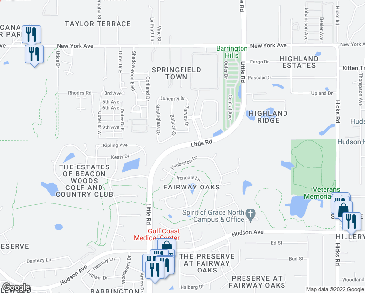 map of restaurants, bars, coffee shops, grocery stores, and more near Little Road in Hudson