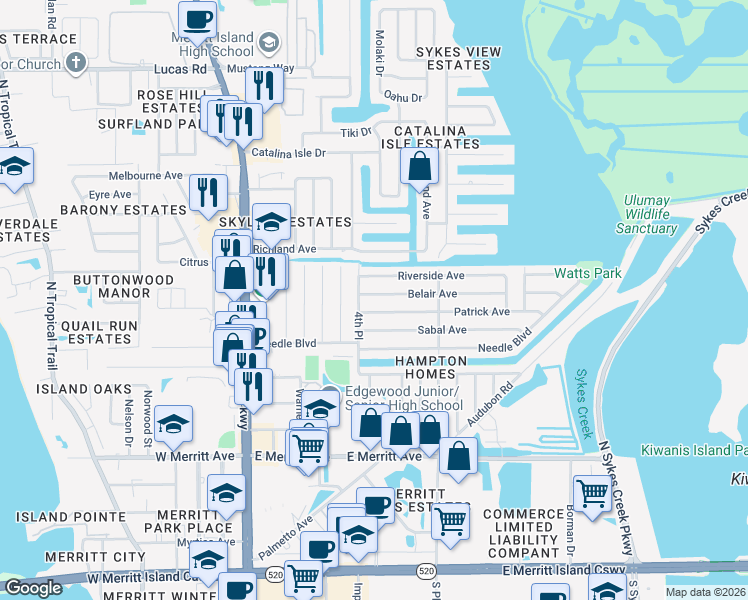 map of restaurants, bars, coffee shops, grocery stores, and more near 295 Riverside Avenue in Merritt Island
