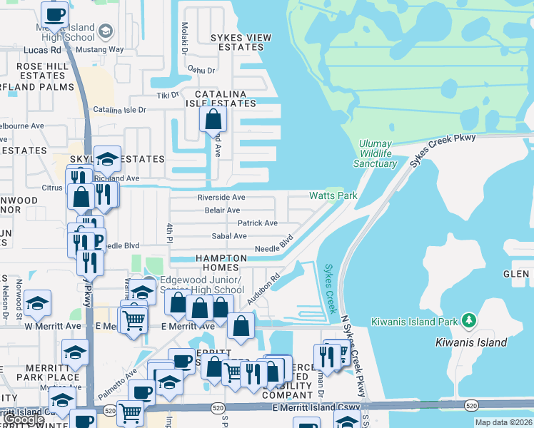 map of restaurants, bars, coffee shops, grocery stores, and more near 495 Riverside Avenue in Merritt Island
