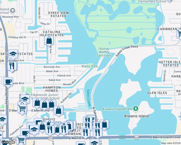 map of restaurants, bars, coffee shops, grocery stores, and more near 1165 Audubon Road in Merritt Island