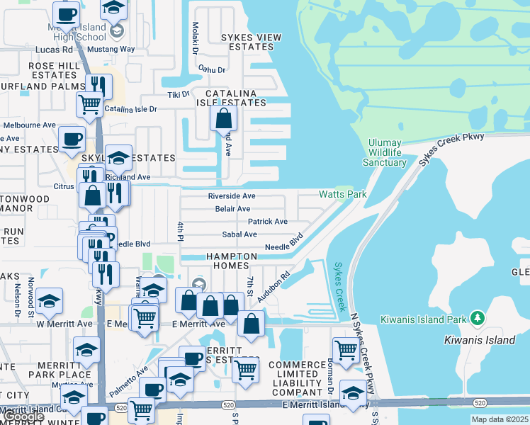 map of restaurants, bars, coffee shops, grocery stores, and more near 455 Belair Avenue in Merritt Island