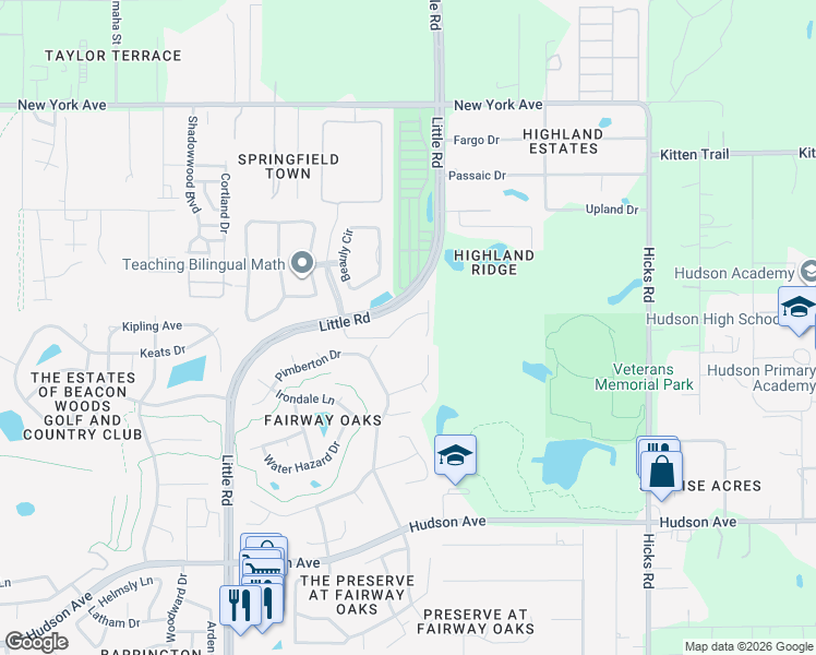 map of restaurants, bars, coffee shops, grocery stores, and more near 9392 Highland Hills Drive in Hudson