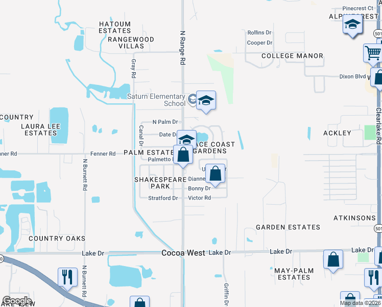 map of restaurants, bars, coffee shops, grocery stores, and more near 788 Lunar Lake Circle in Cocoa