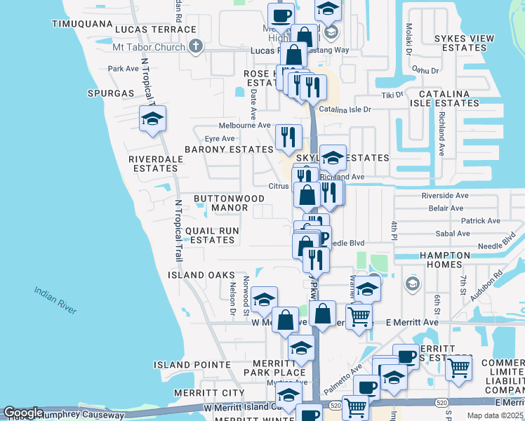 map of restaurants, bars, coffee shops, grocery stores, and more near 615 Kurek Court in Merritt Island