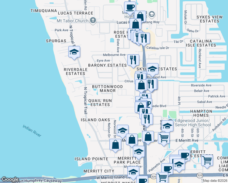 map of restaurants, bars, coffee shops, grocery stores, and more near 630 Buttonwood Drive in Merritt Island