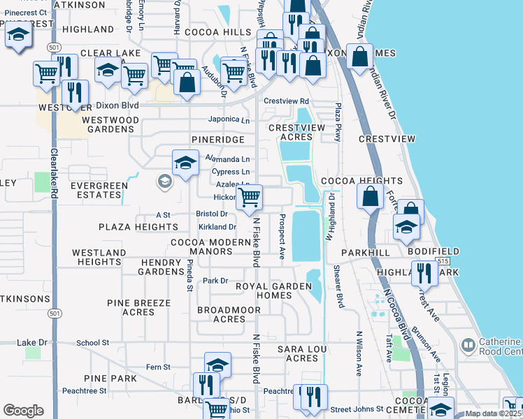 map of restaurants, bars, coffee shops, grocery stores, and more near 910 Bristol Drive in Cocoa
