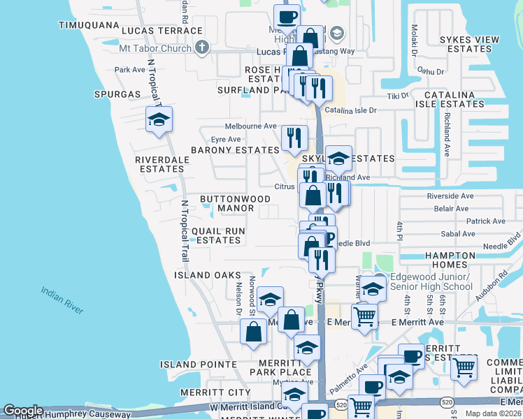 map of restaurants, bars, coffee shops, grocery stores, and more near 660 Buttonwood Drive in Merritt Island