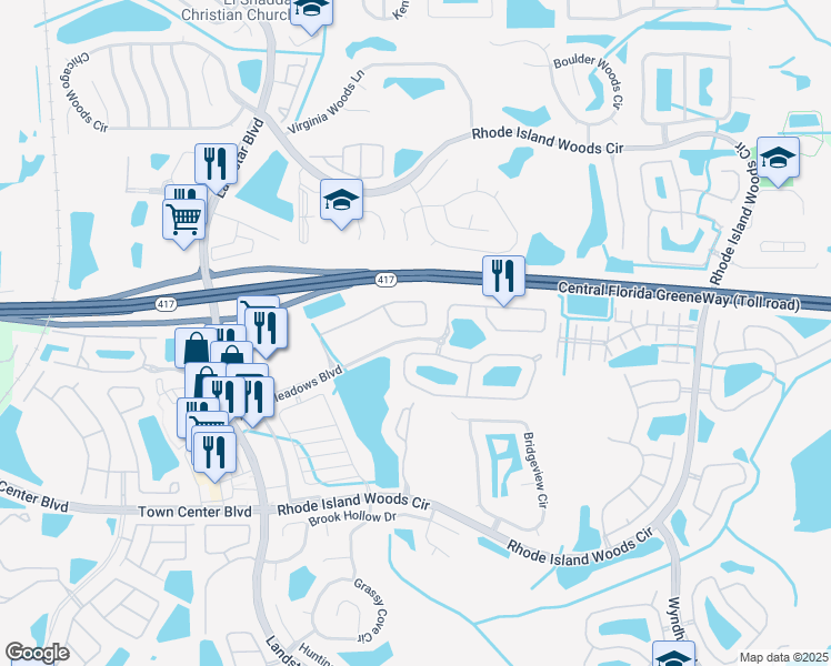 map of restaurants, bars, coffee shops, grocery stores, and more near 1833 Portofino Meadows Boulevard in Orlando
