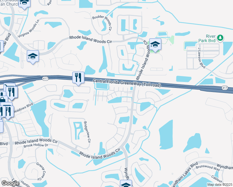 map of restaurants, bars, coffee shops, grocery stores, and more near 2043 Island Brook Lane in Orlando