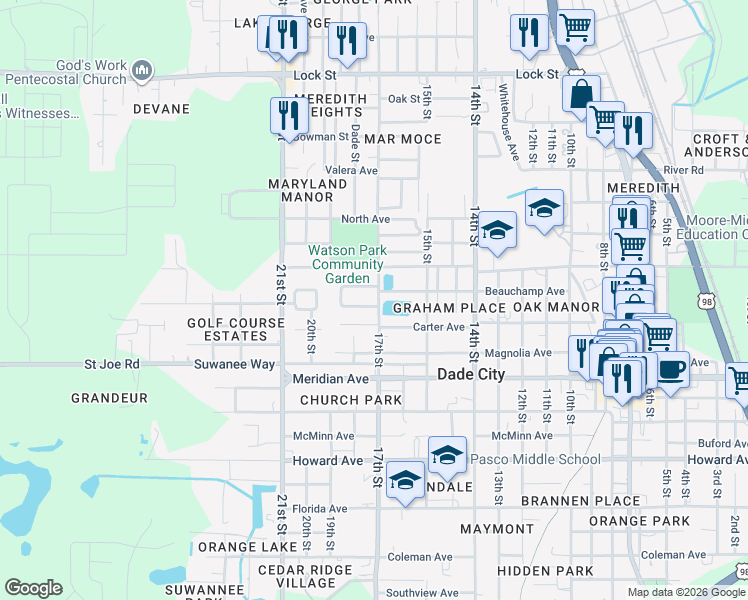 map of restaurants, bars, coffee shops, grocery stores, and more near 14419 17th Street in Dade City