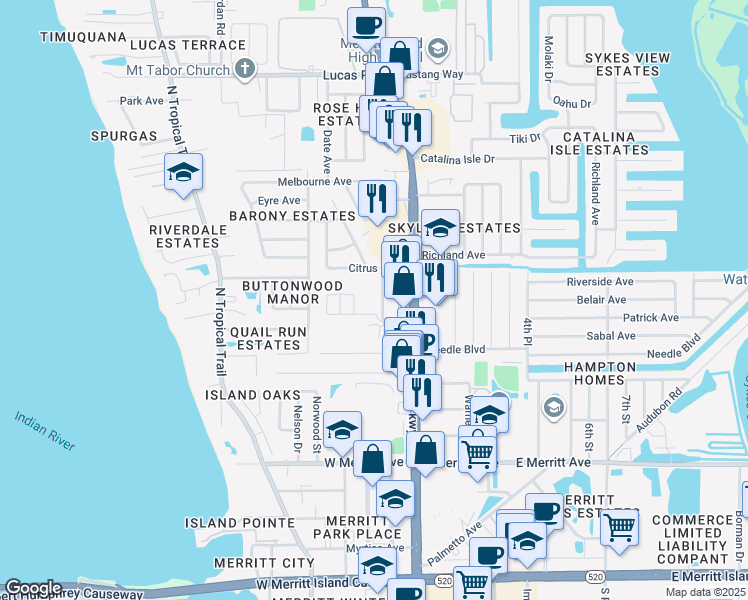 map of restaurants, bars, coffee shops, grocery stores, and more near 615 Kurek Court in Merritt Island