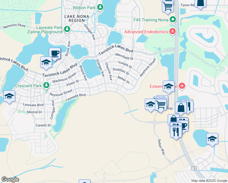 map of restaurants, bars, coffee shops, grocery stores, and more near 9243 Laureate Boulevard in Orlando
