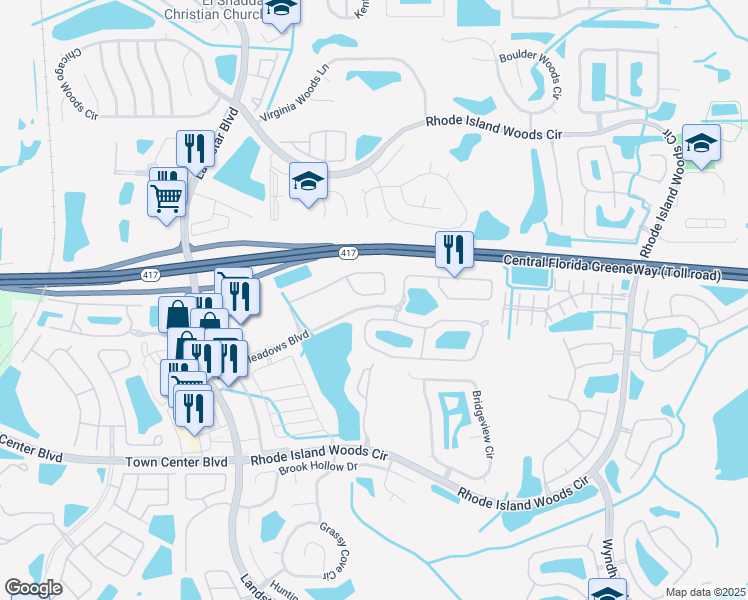 map of restaurants, bars, coffee shops, grocery stores, and more near 1833 Portofino Meadows Boulevard in Orlando