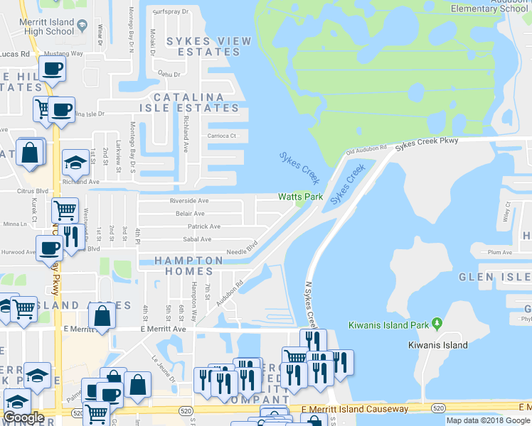 map of restaurants, bars, coffee shops, grocery stores, and more near 583 Belair Avenue in Merritt Island