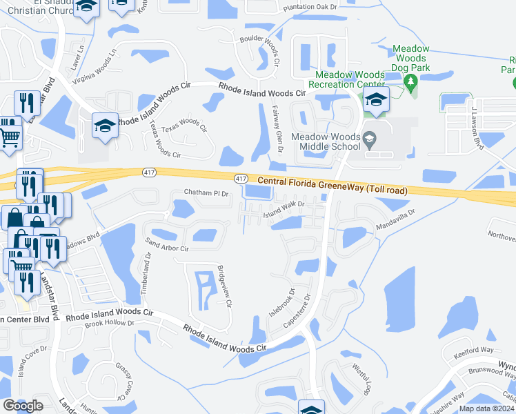 map of restaurants, bars, coffee shops, grocery stores, and more near 1883 Island Walk Drive in Orlando