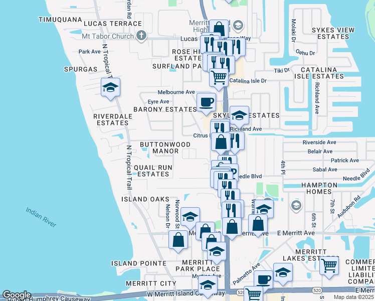 map of restaurants, bars, coffee shops, grocery stores, and more near 615 Kurek Court in Merritt Island