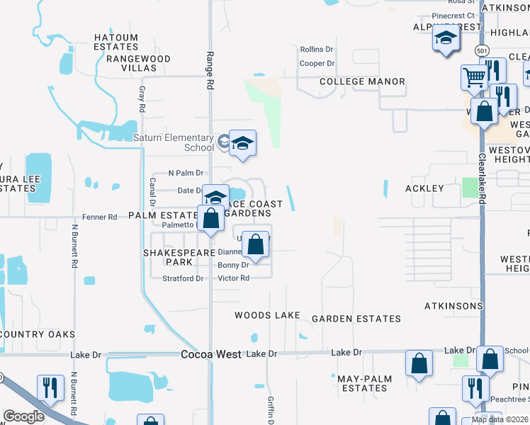 map of restaurants, bars, coffee shops, grocery stores, and more near 2382 Mars Court in Cocoa