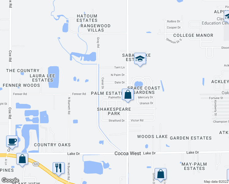 map of restaurants, bars, coffee shops, grocery stores, and more near 2532 Cocoanut Drive in Cocoa