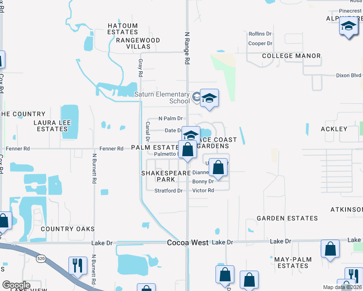 map of restaurants, bars, coffee shops, grocery stores, and more near 2509 Cocoanut Drive in Cocoa