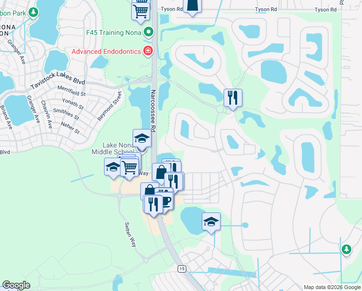 map of restaurants, bars, coffee shops, grocery stores, and more near 8333 Prestbury Drive in Orlando