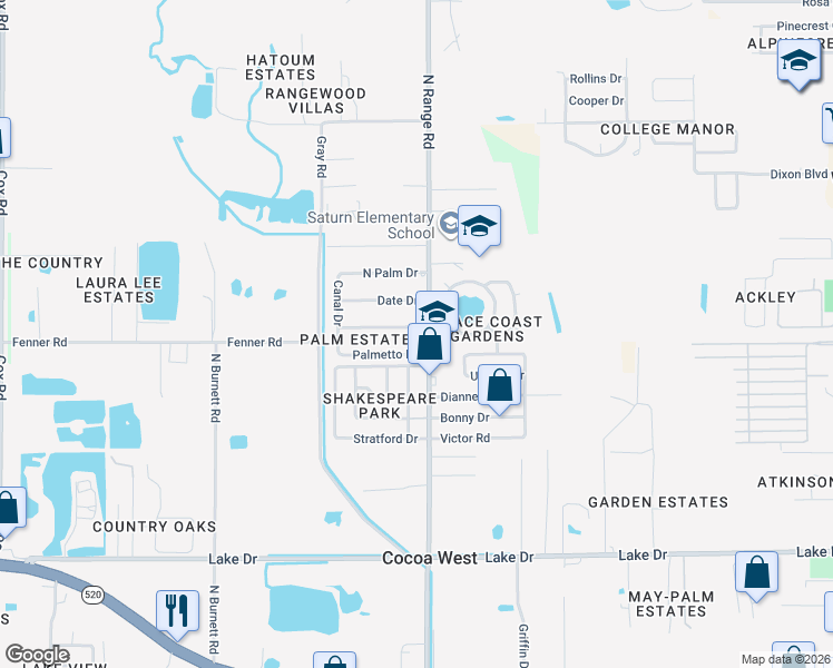 map of restaurants, bars, coffee shops, grocery stores, and more near 2509 Cocoanut Drive in Cocoa