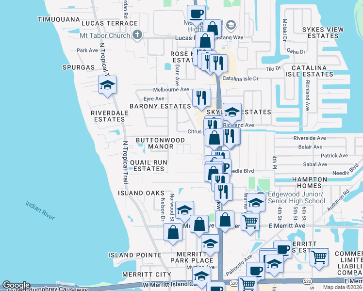 map of restaurants, bars, coffee shops, grocery stores, and more near 615 Kurek Court in Merritt Island