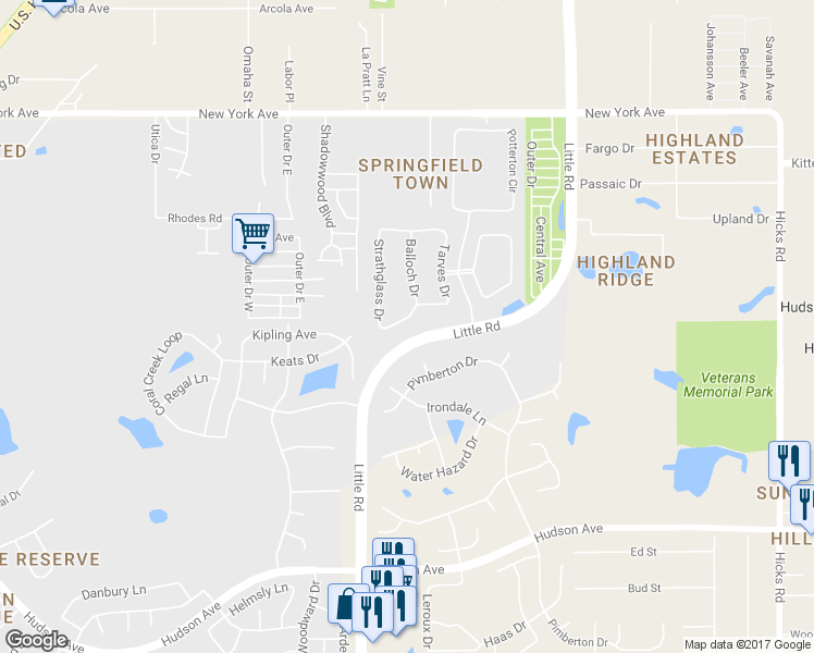 map of restaurants, bars, coffee shops, grocery stores, and more near 14454 Balloch Drive in Hudson