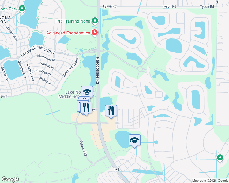 map of restaurants, bars, coffee shops, grocery stores, and more near 8304 Prestbury Drive in Orlando