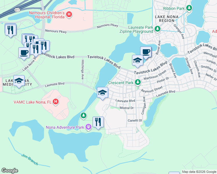 map of restaurants, bars, coffee shops, grocery stores, and more near 13821 Benavente Avenue in Orlando