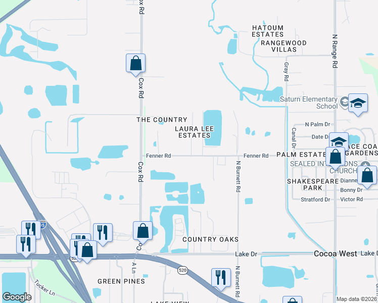 map of restaurants, bars, coffee shops, grocery stores, and more near 4020 Fenner Road in Cocoa