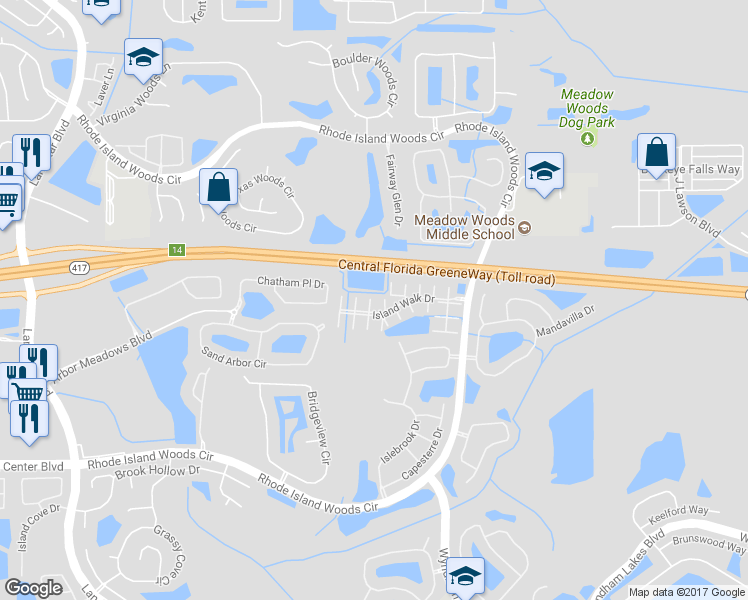 map of restaurants, bars, coffee shops, grocery stores, and more near 1875 Island Walk Drive in Orlando