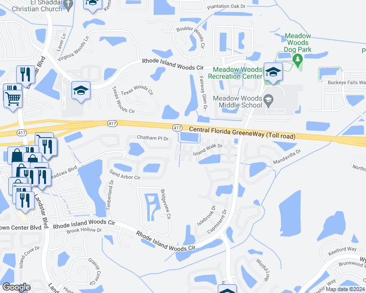 map of restaurants, bars, coffee shops, grocery stores, and more near 1875 Island Walk Drive in Orlando