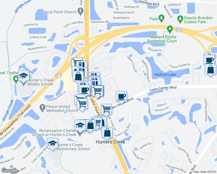 map of restaurants, bars, coffee shops, grocery stores, and more near 4042 Township Square Boulevard in Orlando