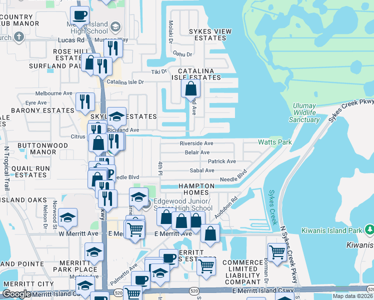 map of restaurants, bars, coffee shops, grocery stores, and more near 375 Riverside Avenue in Merritt Island