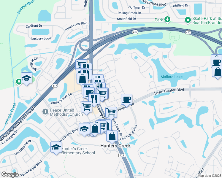 map of restaurants, bars, coffee shops, grocery stores, and more near 4042 Township Square Boulevard in Orlando