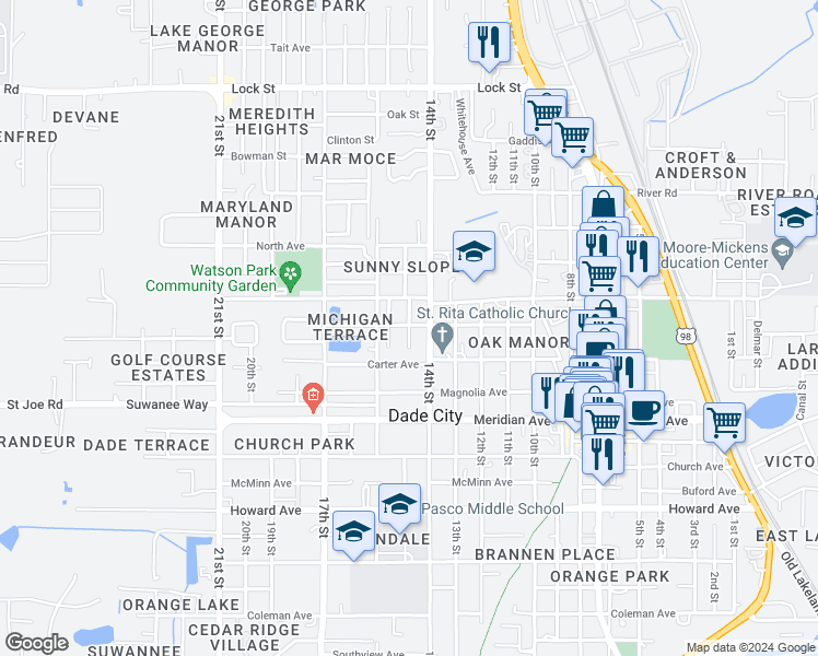 map of restaurants, bars, coffee shops, grocery stores, and more near 14438 Lawrence Street in Dade City