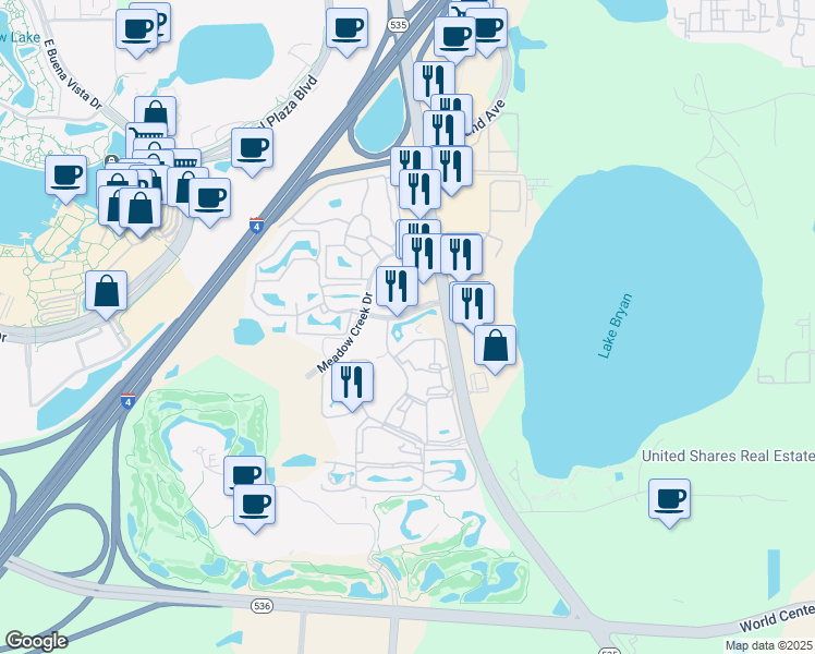 map of restaurants, bars, coffee shops, grocery stores, and more near 8800 Vistana Centre Drive in Orlando