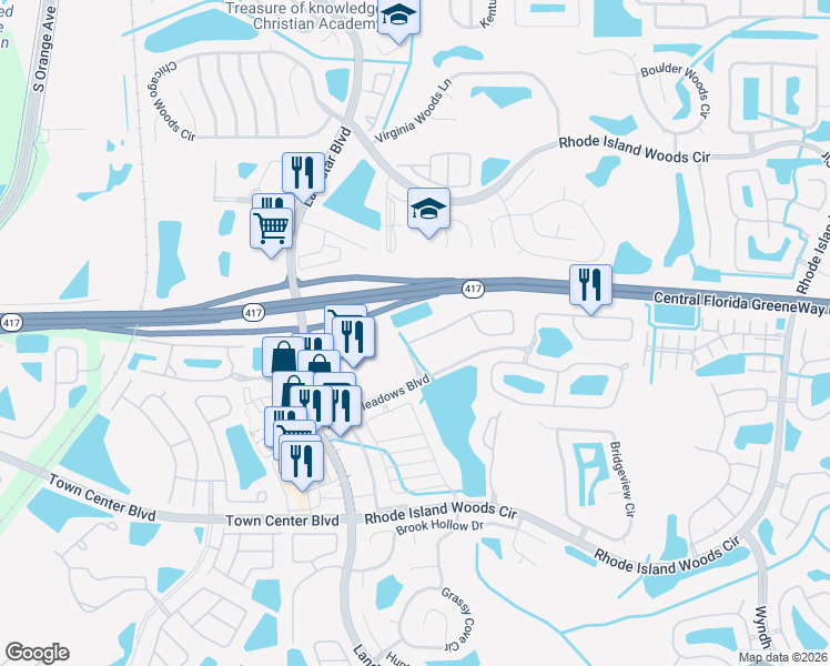 map of restaurants, bars, coffee shops, grocery stores, and more near 1509 Portofino Meadows Boulevard in Orlando