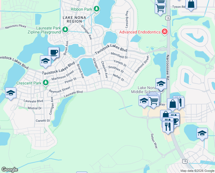 map of restaurants, bars, coffee shops, grocery stores, and more near 13868 Smoot Avenue in Orlando