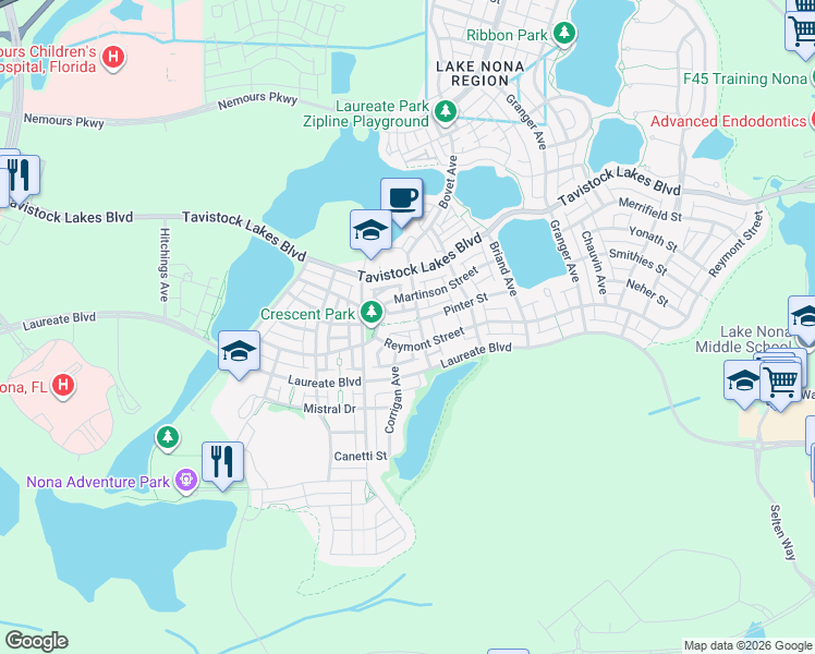 map of restaurants, bars, coffee shops, grocery stores, and more near 8493 Greider Way in Orlando