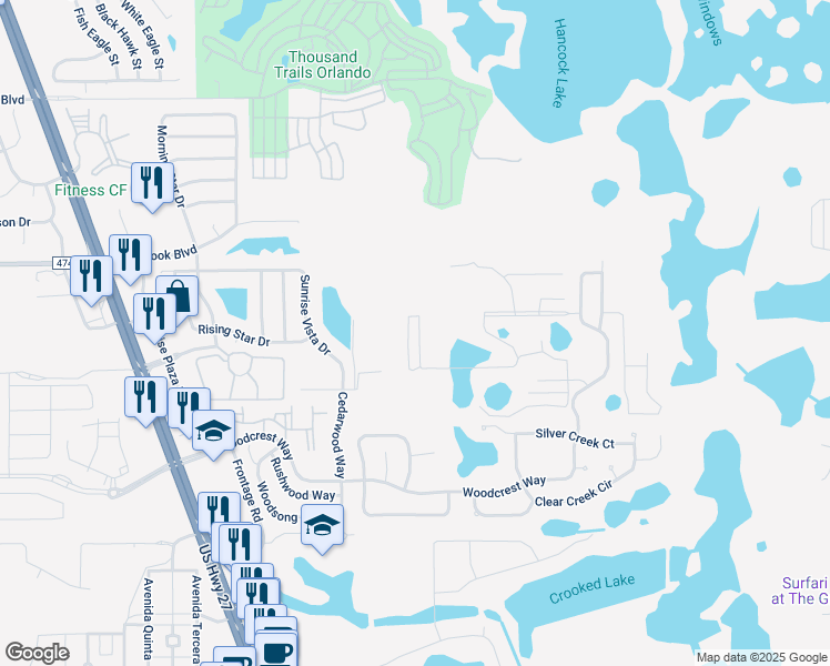 map of restaurants, bars, coffee shops, grocery stores, and more near 16935 Sunrise Vista Drive in Clermont
