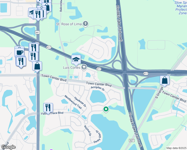 map of restaurants, bars, coffee shops, grocery stores, and more near 1100 Courtney Chase Circle in Orlando