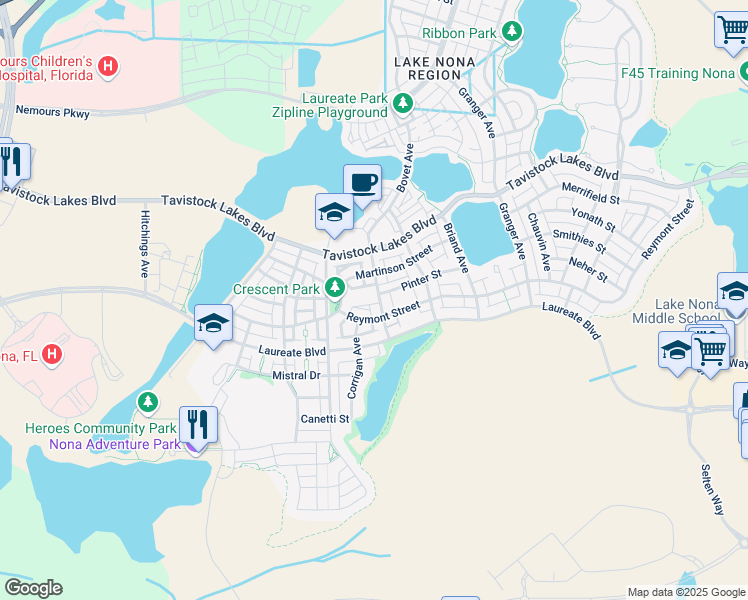 map of restaurants, bars, coffee shops, grocery stores, and more near 8493 Greider Way in Orlando