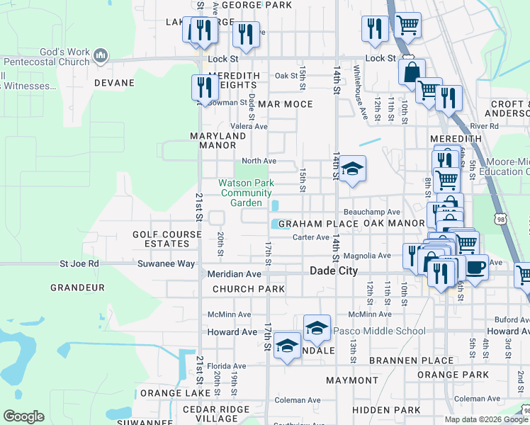 map of restaurants, bars, coffee shops, grocery stores, and more near 14419 17th Street in Dade City