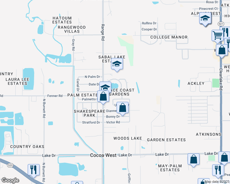 map of restaurants, bars, coffee shops, grocery stores, and more near 788 Lunar Lake Circle in Cocoa