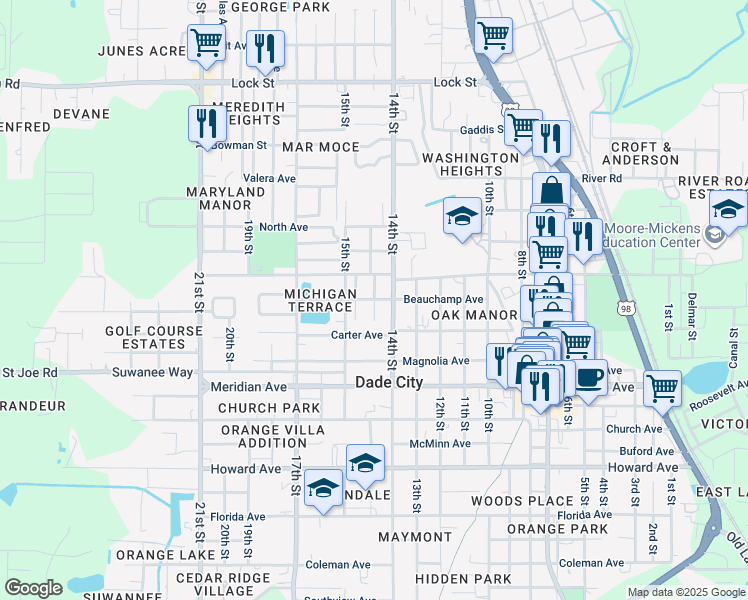 map of restaurants, bars, coffee shops, grocery stores, and more near 14453 Lawrence Street in Dade City